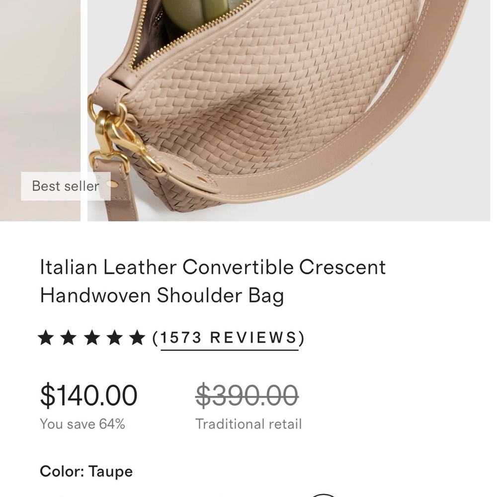 NEW Quince Italian Leather Convertible Crescent Handwoven Shoulder Bag - Taupe - Picture 6 of 12